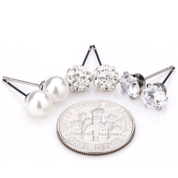White Diamond Cubic Zirconia and Pearl 316L Post Back Stud 3 Pair Earrings Set - Picture 3 of 5
